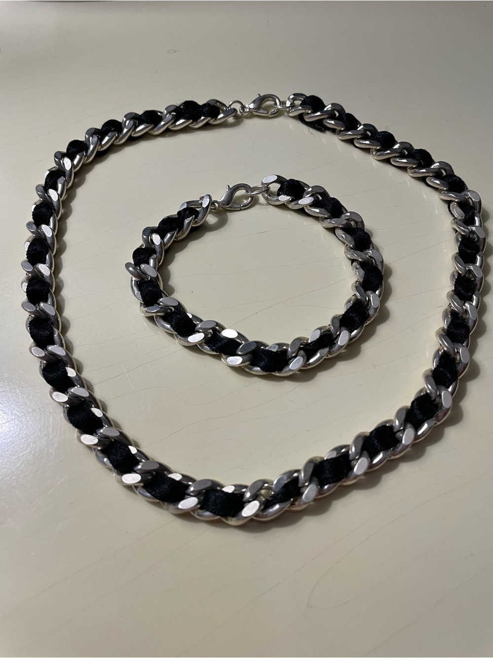 Classic Chunky Chain Necklace in Sterling Silver & Black Ribbon Weaved- Women’s